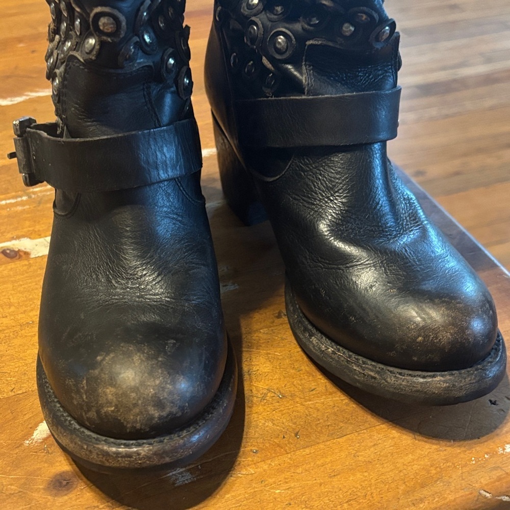 FRYE Vera Studded Black Leather Mid-Calf Boots - Picture 4 of 11